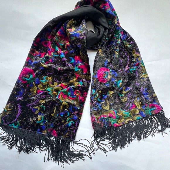 Scarf Emanuel Geraldo Velvet Black Pink Purple Shimmering Fringe Made in Canada - Picture 1 of 6